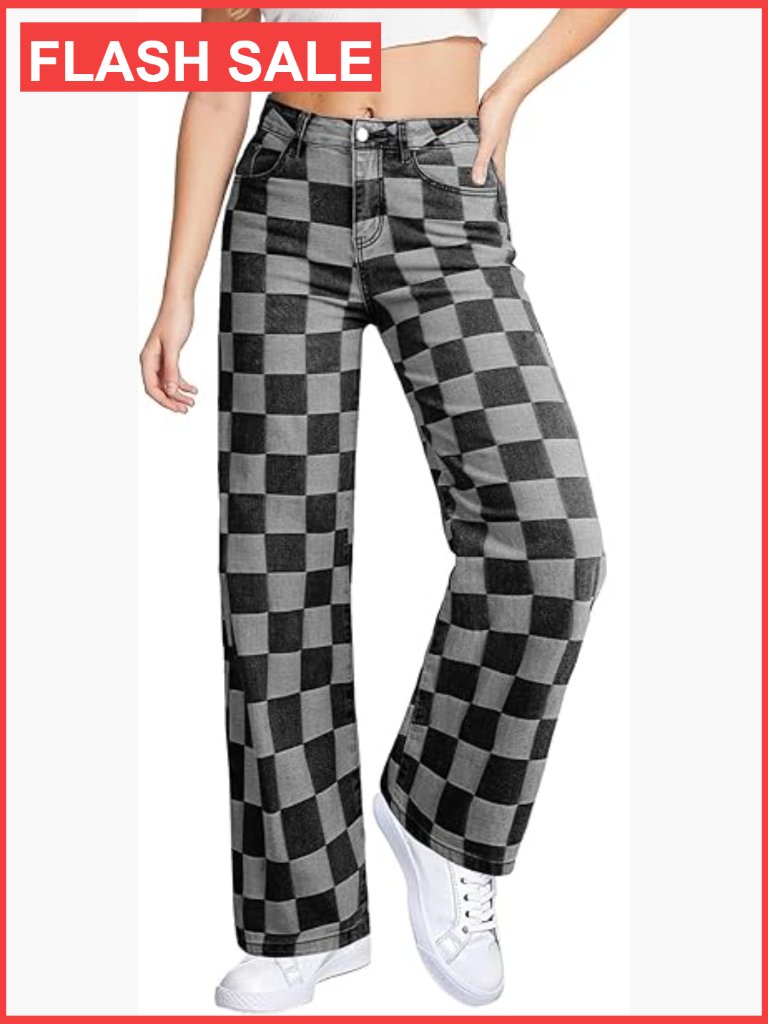 Women's High Waisted Wide Leg Checkered Stretchy Denim Pants
